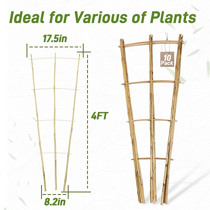 Avalution 10 Pack Bamboo Trellis for Climbing Plants, 4 FT Garden Ladder Trellis for Potted Plants Indoor, Fan-Shaped Small Plant Support Trellis for Houseplants Ivy Hoya Vine Monstera Avalution