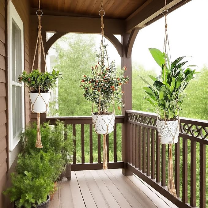 3 Pack Macrame Plant Hanger Indoor, 35 41 47 Inch Handmade Boho Hanging Planter Basket with Screw Hooks S-Hooks and Extension Rope for Indoor Plants Home Decor (POTS NOT Included) (Brown) Rootora