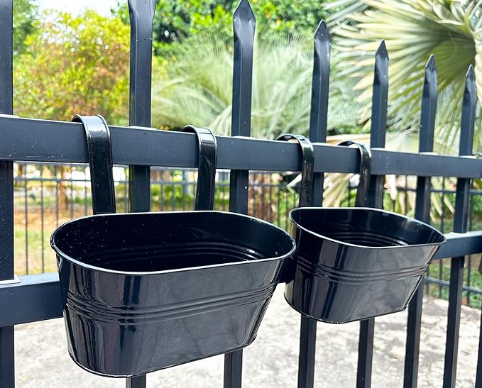 8 Pack Metal Hanging Planter for Outdoor Plants, 10 Inch Black Fence Planters Railing Pots for Garden Patio Balcony Decor, Flower Bucket with Detachable Hooks (Black, 8Pcs) JOYFERNAL