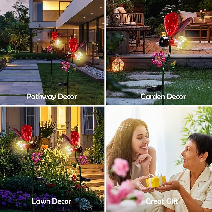 Decorative Solar Lights Outdoor Solar Ladybug Stake Lights Metal Decorative Garden Lights Outdoor Waterproof Stakes for Pathway Yard Lawn Decoration Mothers Day Mom Gifts Afirst