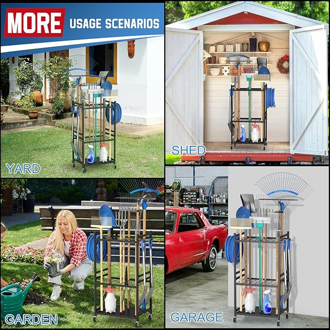 Garden Organizer With Wheels, Yard Tower Rack for Garage Storage, Up to 35 Long-Handled Tools, Sturdy Metal Steel Holder With 3 Hooks, Outdoor, Black DAOUTIME
