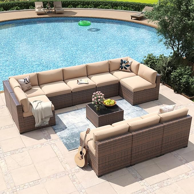 Aoxun 11 Piece Patio Furniture Set Wicker Rattan Patio Conversation Set Outdoor Sectional Sofa Set with Coffee Table and Thickened Cushions, Beige(Waterproof Cover Included) Aoxun