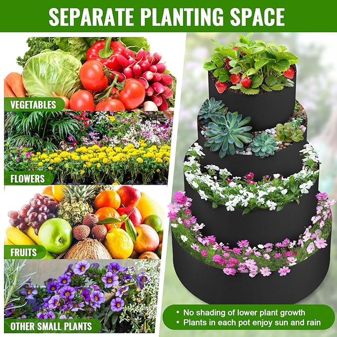 8 Pcs Plant Grow Bags 4 Tiered Strawberry Planter Tower Fabric Raised Garden Beds, 39 Inch Nonwoven Strawberry Pyramid Planter for Vegetables Flower Herbs Gardening Outdoor Growing (Black) Rootora