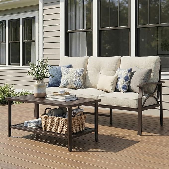 RoyalCraft 3 Seats Outdoor Patio Furniture Set, Outdoor Metal Sectional Furniture with Cushions, Outdoor Conversation Set with Coffee Table for Balcony, Backyard, Garden, Deck, Beige Bringyoubetterlife