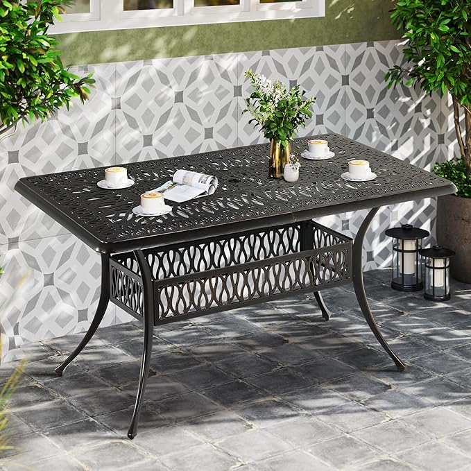 DWVO Cast Aluminum Outdoor Dining Table, 59'' Patio Table w/Max Bearing 220 LBS, Patio Dining Table with 2" Umbrella Hole and Adjustable Foot Pads for Garden, Backyard, Deck and Patio, Bronze DWVO