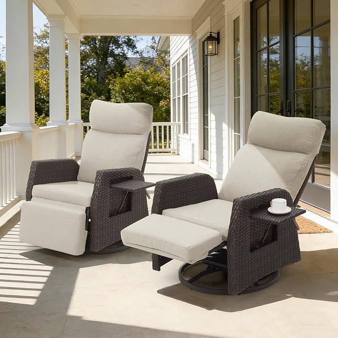 Adjustable Outdoor Recliner Chair with Independent Backrest & Footrest, Patio Swivel Recliner Chair, Wicker Reclining Patio Chair w/Flip-Up Table, 155° Lay Flat Chaise Lounge, Beige, 2PCS Rootora