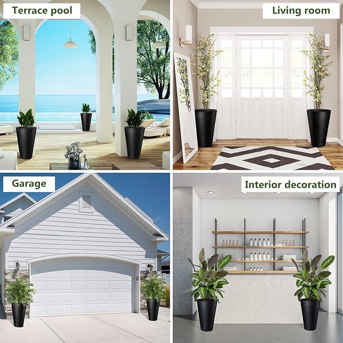 Sieral Set of 2 Tall Outdoor Planters 12 x 18 Inch Large Resin Outdoor Planters for Front Porch Flower Round Floor Decorative Indoor Pots with Drainage(Black) Sieral