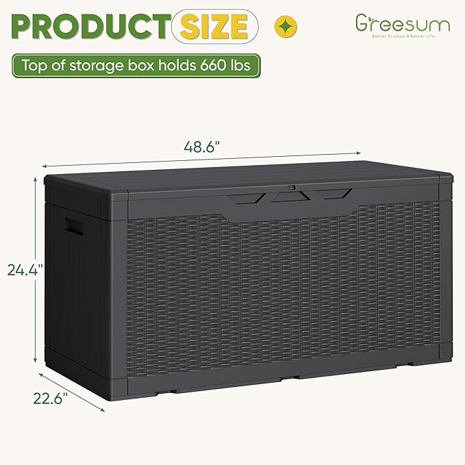Greesum Outdoor Storage Box 100 Gallon Storage Bin with Lid for Patio Furniture, Garden Tools, Pool Supplies, Lockable, Waterproof and UV Resistant, Black BuynowfromGreesum
