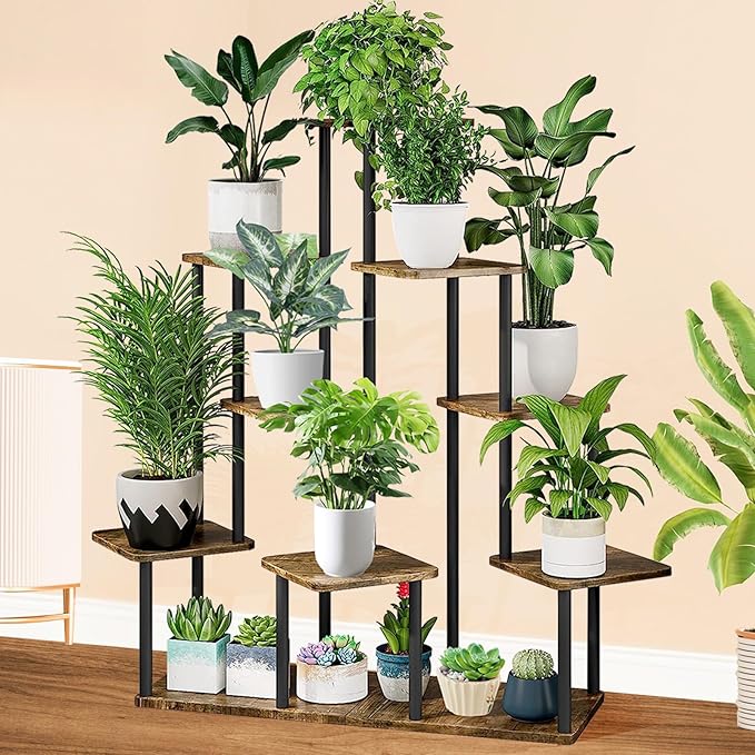 9 Tier Wood Tall Plant Stand Metal Rack Indoor, Multiple Flower Pot Holder Shelves Corner Rack, Planter Shelf Display Rack Storage Organizer for Patio Living Room Balcony Garden(Black) YOCOMEY