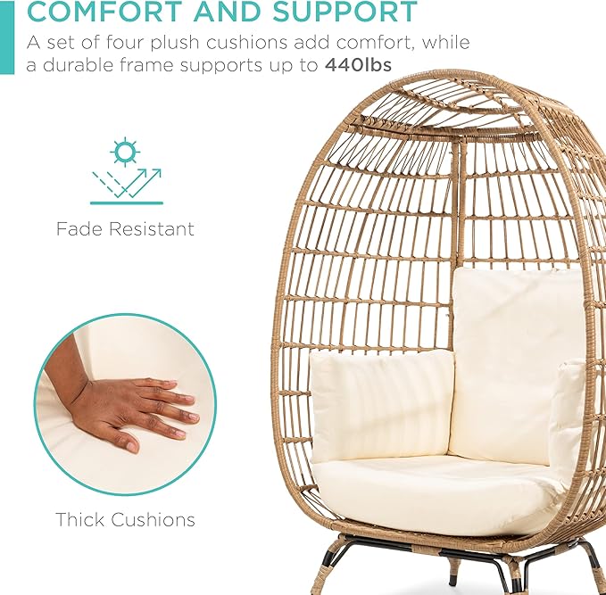 Best Choice Products Wicker Egg Chair, Oversized Indoor Outdoor Lounger for Patio, Backyard, Living Room w/ 4 Cushions, Steel Frame, 440lb Capacity - Ivory BestChoiceProducts