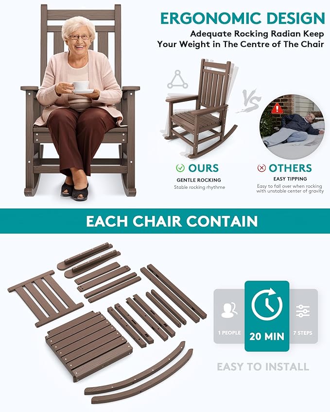 SERWALL Oversized Rocking Chair, Outdoor Rocking Chair for Adults, All Weather Resistant Porch Rocker for Lawn Garden, Brown SERWALL