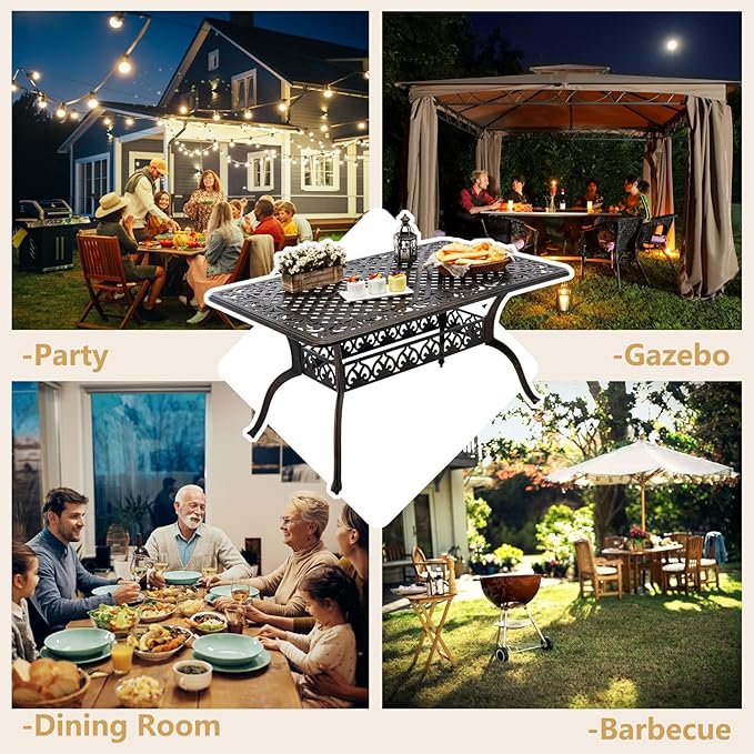 Outdoor Patio Dining Table - All-Weather Cast Aluminum 60" x 28.5“ Patio Rectangular Table with 2" Umbrella Hole for Balcony Lawn Garden Backyard Attliahome