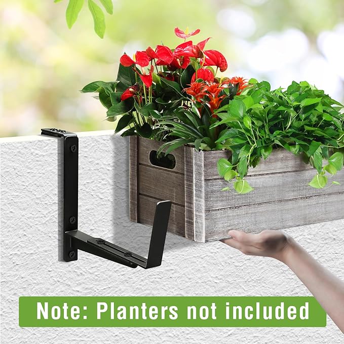 Window Box Brackets, Adjustable Hanging Railing Planter Box Brackets, Heavy Duty Wall Mount Iron Flower Box Holder for Outdoor Windowsill, Balcony, Garden, and Fence (2 Pack) NouraVita