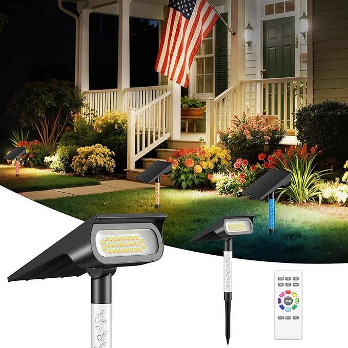 intelamp Solar Spot Light Outdoor Waterproof, 4000mAh RGB + 3 Color LED Landscape Flood Lighting Spotlights for Camping Garden Yard Tree Flag Wall Patio Halloween Christmas Decor with Remote IntelampSolarLightingArtist