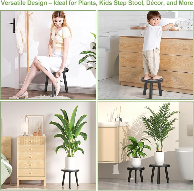 3-Pack Wood Plant Stands Indoor, Single Plant Stand for 6-12 Inch Pots, Mid-Century Modern Plant Stool, Tall Plant Stand for Large Plants for Living Room, Balcony, Office (Black) Rootora