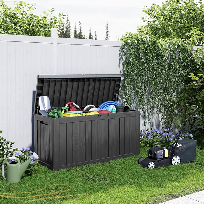 EasyUp 80 Gallon Resin Deck Box Storage Outdoor Waterproof Boxes Lockable UV Resistant Container for Patio Furniture Cushions Pool Supplies Garden Tool, Equipment Outside Storage Delivery, Black EASYUP