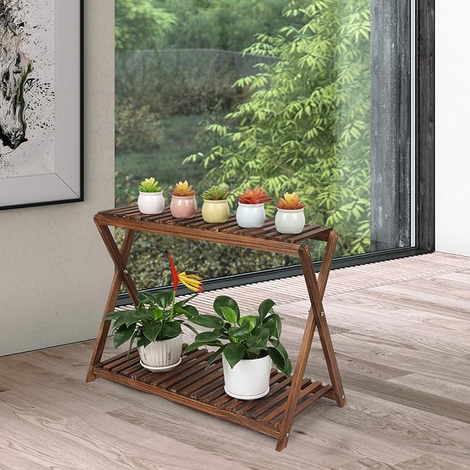 Wood Plant Stand Indoor Outdoor 2 Tiers Flower Stand Corner Stepped Planter Shelf Rack Flowerpot Holder for Plant Display in Patio Balcony Entryway Porch Livingroom (Classic X-Cross Design) TOVACU