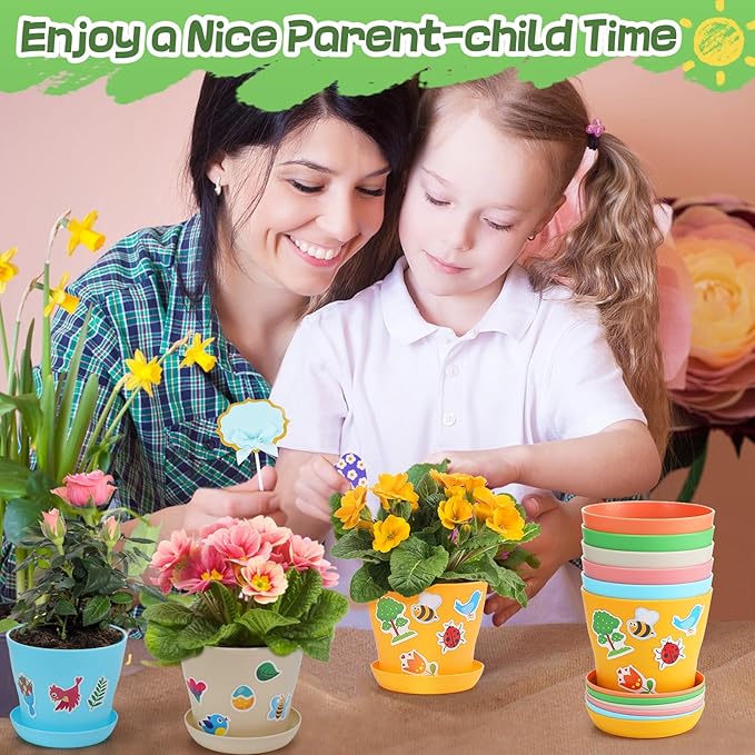 Durable Resin Garden Pot Craft Kit for Kids- 24 Pack Colorful Flower Plant Spring Crafts with Super-adhesive Stickers & Blank Labels School Activities Growing Kit for Classroom Home DIY Gift 4+ years Cosweet