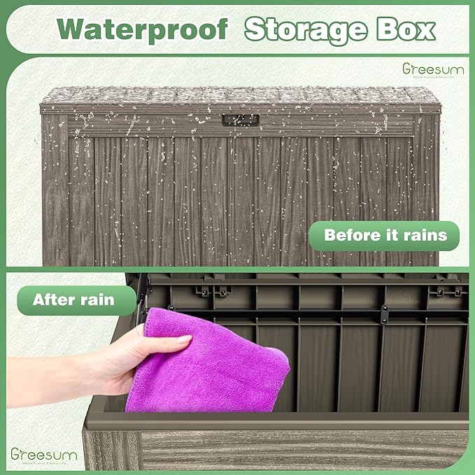 Greesum Outdoor Storage Box 120 Gallon Storage Bin with Lid for Patio Furniture, Garden Tools, Pool Supplies, Lockable, Waterproof and UV Resistant, Coffee BuynowfromGreesum