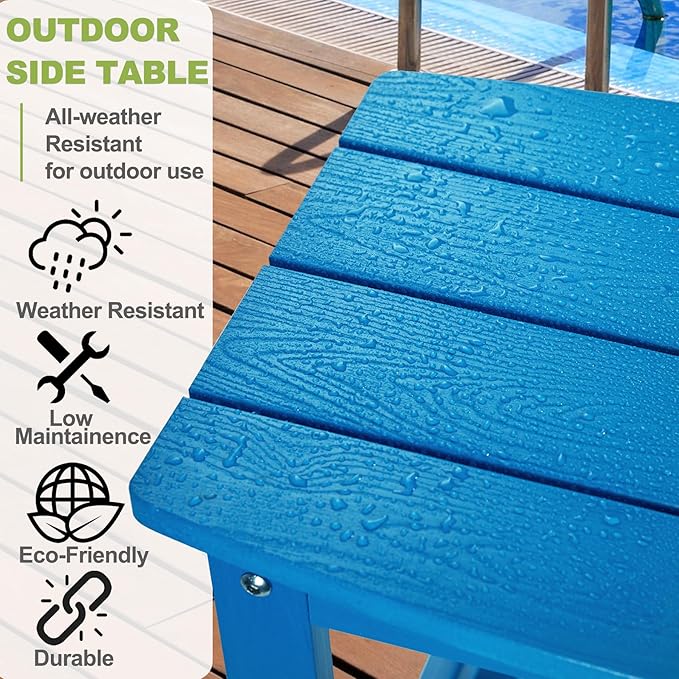 Y&M Outdoor Side Table, HIPS Adirondack Small Single Table, Waterproof Square Outside Table, Balcony Modern End Tables for Patio, Pool, Beach, Porch, Deck, Indoor or Outdoor Use, Bright Blue YM