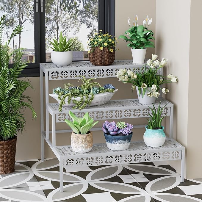 Garden 4 you 3 Tiers Metal Plant Stand,Rectangular Ladder Flower Pots Outdoor Plant Rack, Indoor Plant Display Rack, Heavy Duty Utility Storage Organizer for Home Garden Patio Balcony, Stair Style(White) Garden4you