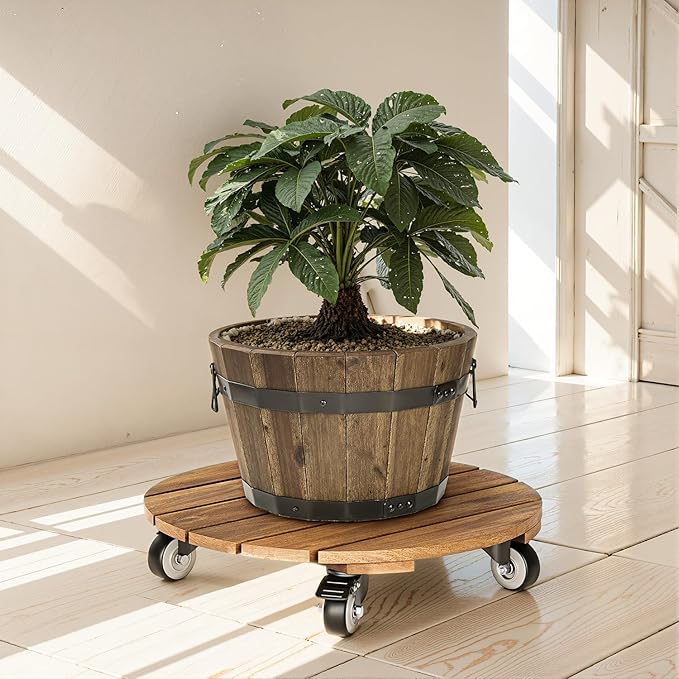 Idzo 2-Pack 14 Inch Acacia Wood Rolling Round Plant Caddy, Plant Caster for Heavy Duty Plant Stand with 360° Lockable Wheels, 264 lbs Capacity Caddy for Indoor and Outdoor Use, Natural Wood Idzo