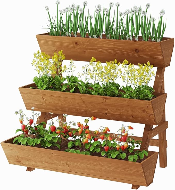 3-Tiers Wooden Raised Garden Bed Tiered Planter Box Flower Pots Vertical Garden Planter Wood Plant Stand for Vegetables Flowers Herbs for Patio, Balcony, Freestanding (Brown L) Dawnyard