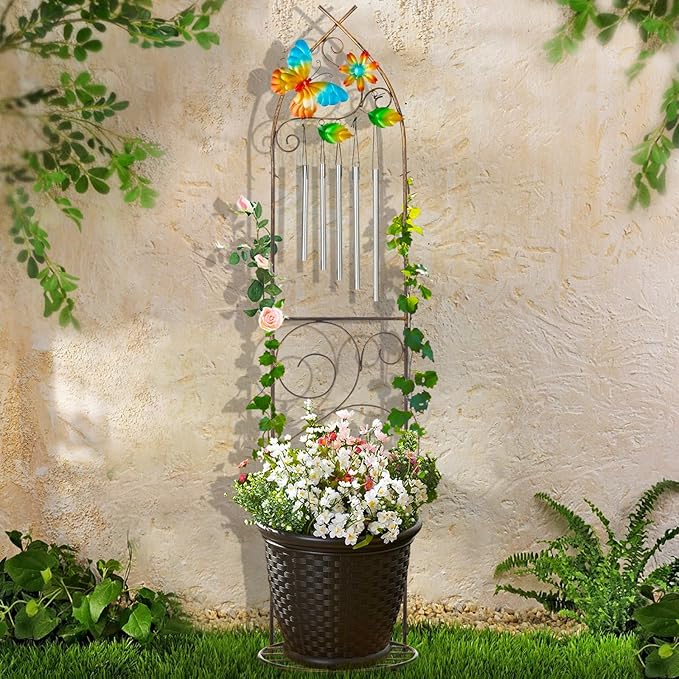 Plant Stands with Garden Trellis, 48” Metal Standing Wind Chimes Plant Pot Trellis with Butterfly for Garden Patio Backyard Climbing Plants Outdoor Decor LEWIS%26WAYNE