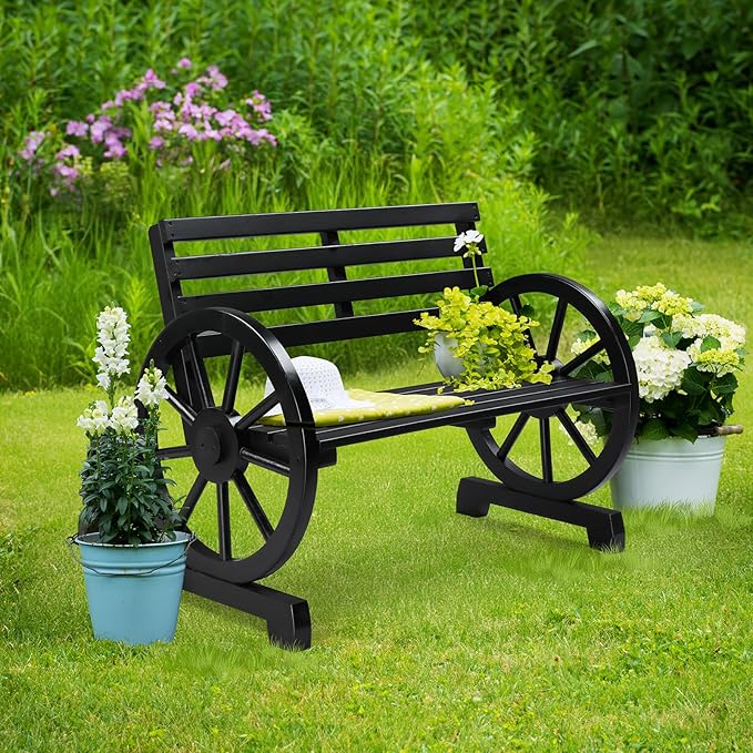 VINGLI Rustic Wooden Wheel Bench Outdoor Bench, Patio Bench Wagon Slatted Seat, Garden Benches for Outdoors 350lbs High Capacity, Weather Resistance (Black, 41in) VINGLI