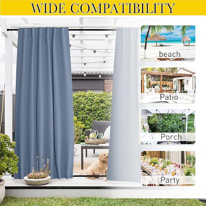 NICETOWN 2 Panels Outdoor Curtains Waterproof Pocket & Back Tab on Top & Bottom, Thermal Insulated Fixed Windproof Outdoor Drapes Privacy for Patio with Rope for Fixed, W52 x L84, Stone Blue NICETOWN