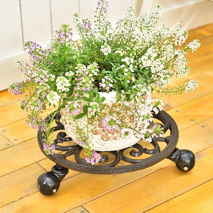 Sungmor Heavy Duty Cast Iron Plant Caddy,11" Round Potted Plant Stand Flower Pot Rack on 3 Solid Wheels,Indoor Outdoor Planter Holder Trolley Casters Rolling Tray Sungmor