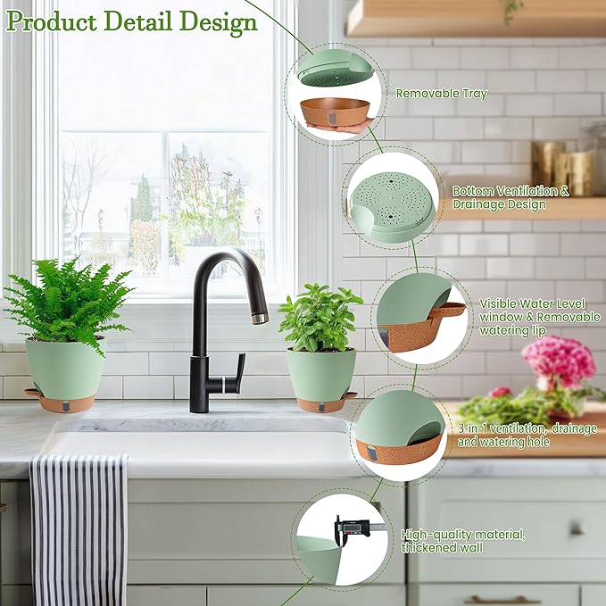 Self Watering Pots for Inoor Ourdoor Plants 8/7/6.5/6/5 Inch Plastic Planters with Drainage Holes & Water Level Indicator, Decorative House Flower Nursery Planting Pots with Saucers(Green) Fielda