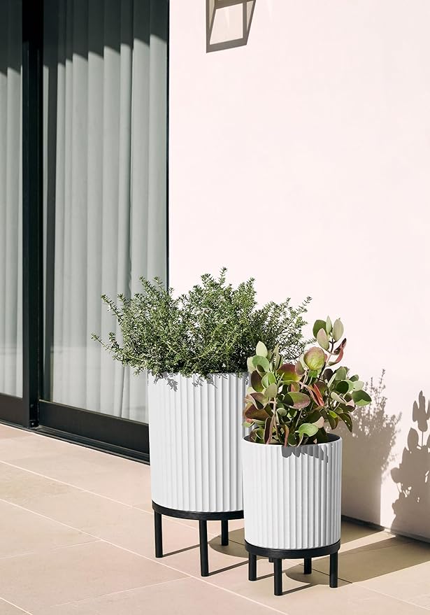 Veradek Demi Series Round Planter w/Stand for Porch/Patio | Durable Plastic-Stone Composite & Wooden Stand | Modern Décor for Tall Plants, Flowers VeradekOutdoor