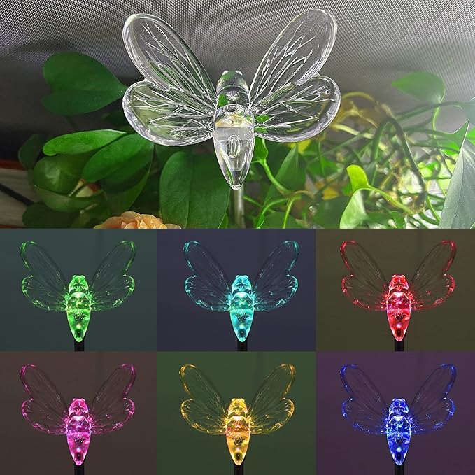 Glintoper 6 Pack Solar Garden Stake Lights Outdoor, Solar Butterfly Figurine Lights, Multi-Color Changing LED Landscape Lighting, Sparkling Star Flower Hummingbird Dragonfly Bee for Patio Yard Pathway Glintoper