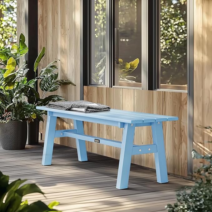 VINGLI 47” Outdoor HDPE Bench, Weatherproof Garden Bench w/Metal Legs, Poly Lumber Porch Benches, 660 LBS Capacity Outdoor Backless Patio Benches for Entryway Deck (Blue) VINGLI