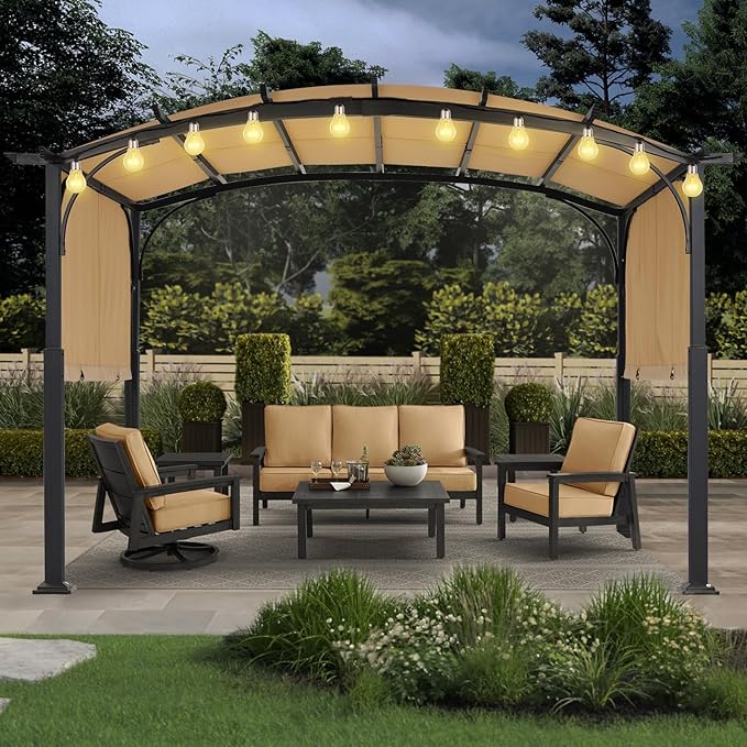 MASTERCANOPY 10x10ft Outdoor Retractable Pergola with Sun Shade Canopy Patio Metal Garden Pergola,Beige MASTERCANOPY
