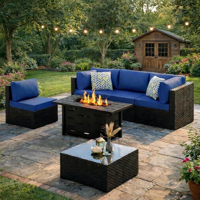 JAMFLY Patio Furniture Sets, 6-Piece Outdoor Patio Furniture with 43'' Propane Gas Fire Pit Table, Wicker Outdoor Conversation Set Sectional Sofa for Backyard, Poolside, Garden, Aegean Blue JAMFLY