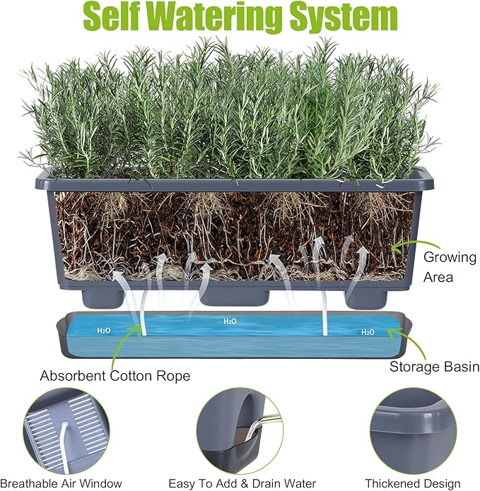 Window Box Planter 4 Packs, 17 Inches Rectangle Flower Pots with Drainage Holes & Trays, Pots for Vegetables, Herbs, Flowers, Garden Windowsill Balcony (Grey, 17 * 5.1 * 6 inch) Oliz