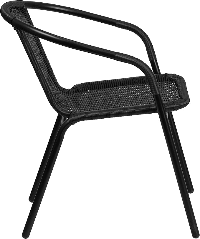 EMMA + OLIVER Set of 2 Modern Rattan Indoor/Outdoor Stack Chairs, Stacking Rattan Patio Chairs with Curved Back and Cross Bracing, Black EMMAOLIVER