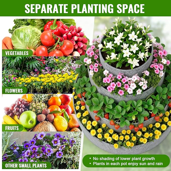 4 Pcs Plant Grow Bags 4 Tiered Strawberry Planter Tower Fabric Raised Garden Beds, 39 Inch Nonwoven Strawberry Pyramid Planter for Vegetables Flower Herbs Gardening Outdoor Growing (Gray) Rootora