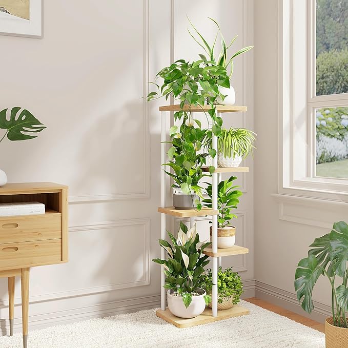 Bamworld Corner Plant Stand Indoor 5 Tier white Plant Shelf for Multiple Plants, Tiered Flower Pot Stands for Patio Garden Balcony Living Room Bedroom, White Bamworld