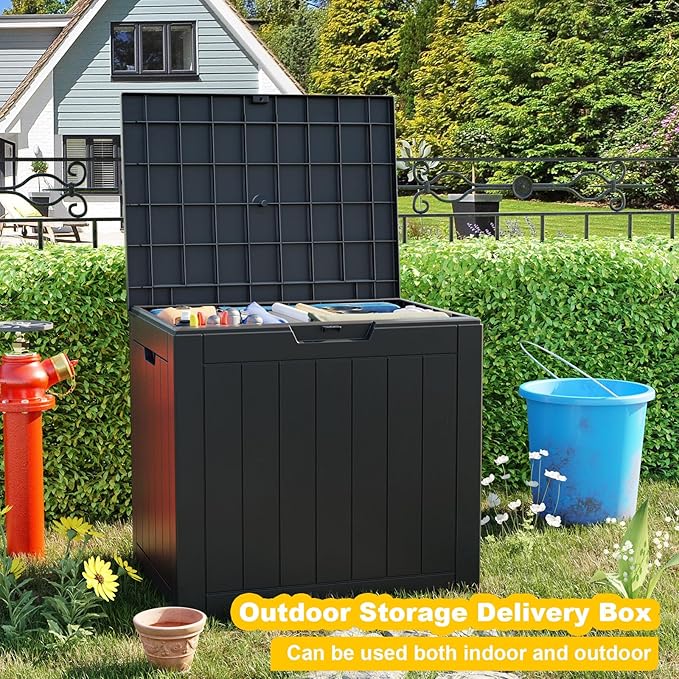 35 Gallon Outdoor Deck Box, Lockable Waterproof Outdoor Storage Boxes For Garden Tools,Indoor Cushions,Accessories Outside Storage Resin Weatherproof Container(Black) MAIUSCOLI