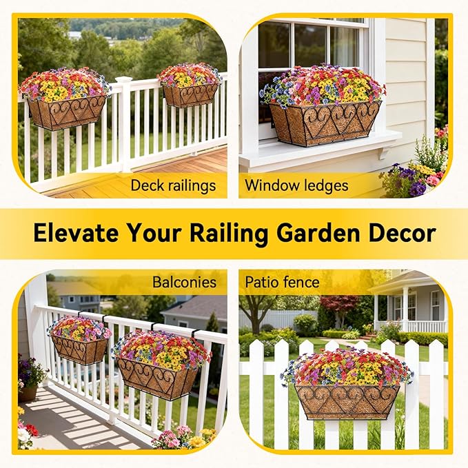 ZeeDix 16 Inch Artificial Flowers Hanging Railing Window Planter Box, 12 Pcs UV Resistant Fake Look Real Flowers with Heart-Shaped Deck Railing Planter Boxes for Porch Patio Balcony Garden Home Decor ZeeDix