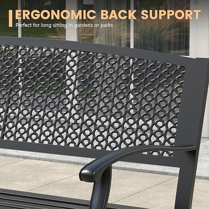 50.4" Garden Bench, Metal Outdoor Bench with Backrest and Curved Armrests for Patio Porch Lawn, Black Offeroutdoorsolutions