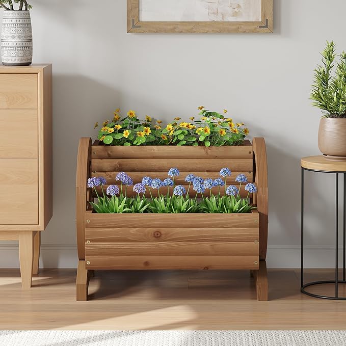 Wooden Wagon Planter Outdoor Flower Cart with Wheels Garden Planter, Decor Planter for Patio Balcony Decoration Succulent Flower Pot for Indoor Backyard Balcon Yard Decor planters (Brown) Dawnyard