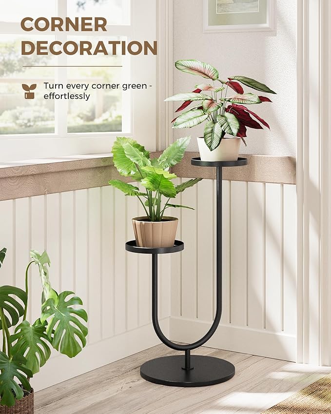 Bamworld Outdoor Plant Stand Metal Plant Stand Indoor Corner Plant Stands 2 Tier Plant Shelf for Tall Plant Holder Black Plant Shelves for Living Room Bedroom Midcentury Modern Home Decor Bamworld