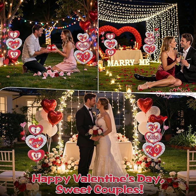 Lewondr 2 Pcs Valentine's Day Decorations Outdoor, Metal Solar Pathway Lights, Love Heart Decorative Garden Stakes Lights with 18 LED Beads, Waterproof Yard Signs for Porch Lawn Wedding Anniversary Lewondr
