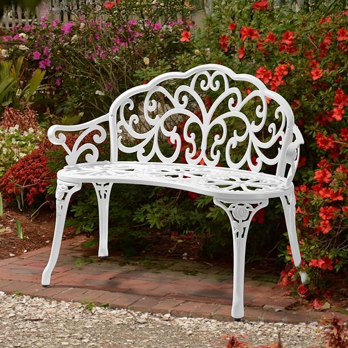 VINGLI 38.5" Patio Park Garden Outdoor Metal Rose Bench, 2-Person Cast Iron Cast Aluminium Frame Antique Finish Chair,Accented Lawn Front Porch Path Yard Decor Deck Furniture (White, Butterfly) VINGLI
