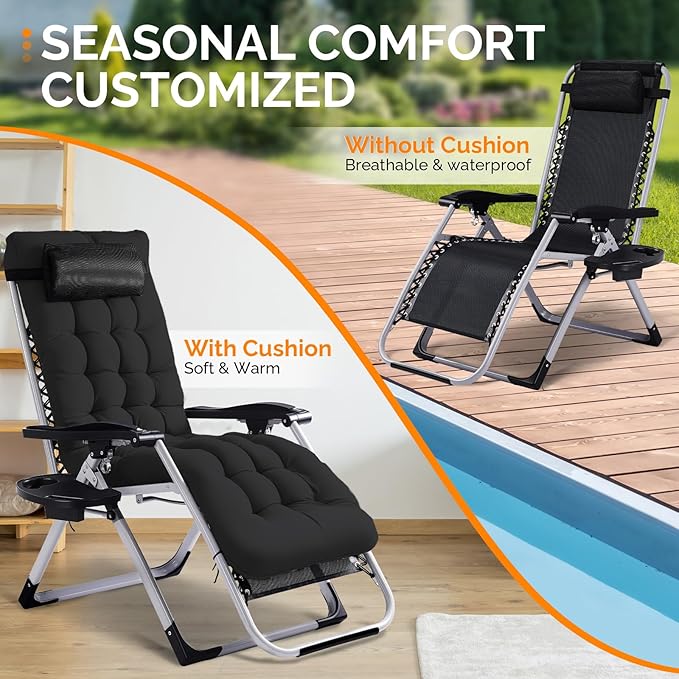 VINGLI Padded Zero Gravity Chair, Lounge Chair with Removable Cushion & Tray, Folding Reclining Patio Chairs, Recliner Chair for Lawn,Indoor Outdoor-Black VINGLI