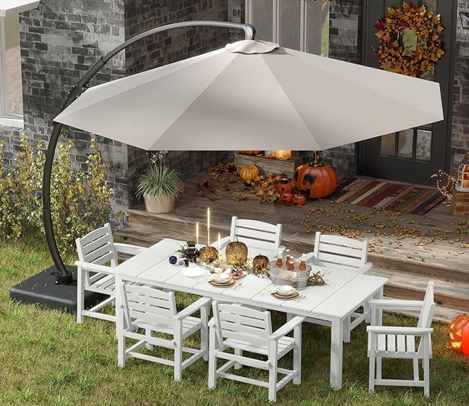 7-Piece White Outdoor Dining Set with Beige 11FT Large Patio Umbrella, 75.2'' HDPE Table & Chairs for 6, Weather-Resistant Furniture with Umbrella Hole for Patio, Lawn, Poolside PatioKingdom